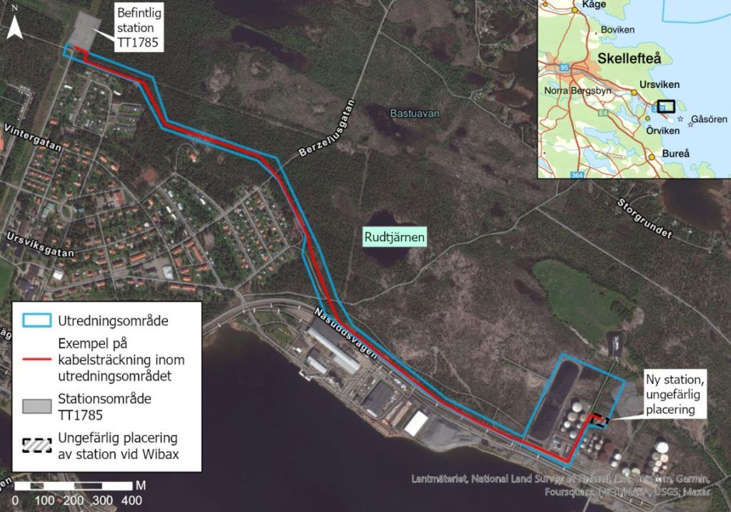 Samrådshandling bild över var kabeln mellan Skelleftehamn och Wibaxområdet ska gå.