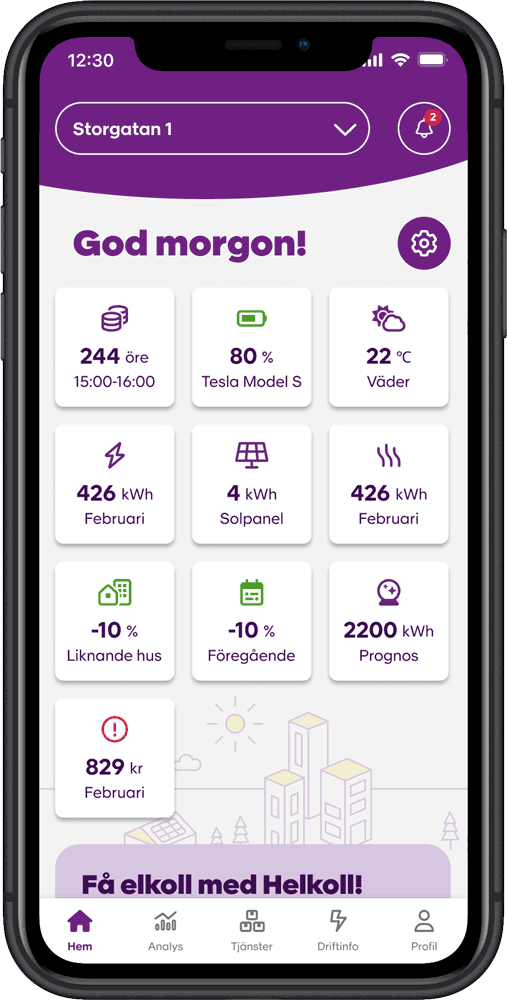 Appens startsida innehåller widgets med olika information